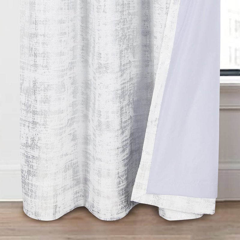 always4u 100% Blackout Soft Velvet Curtains for Bedroom Living Room Thermal Energy Saving 108 Inches Long Luxury Silver Foil Print Drapes 2 Panels White - Image 4